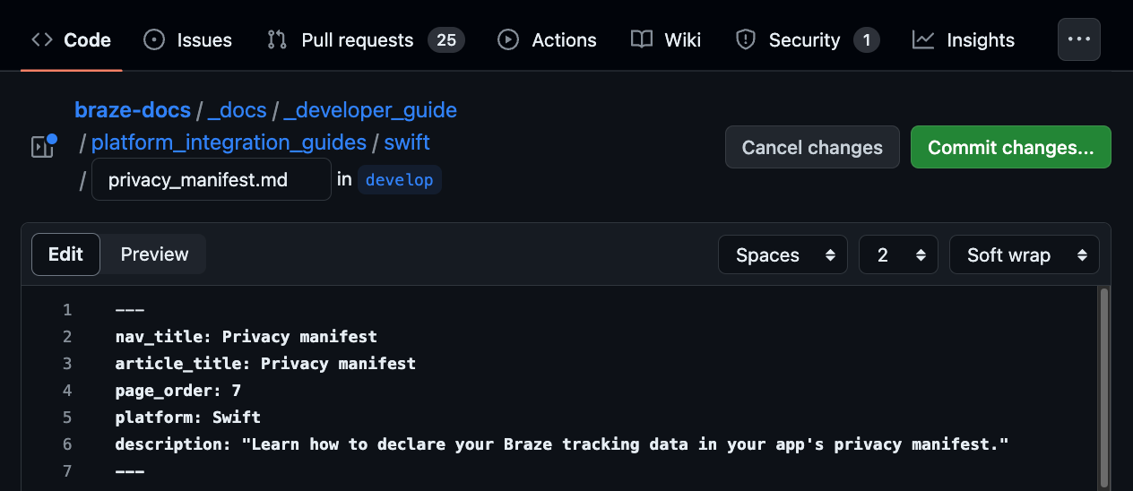 The Braze Docs GitHub repository showing "Commit changes" after editing a file.