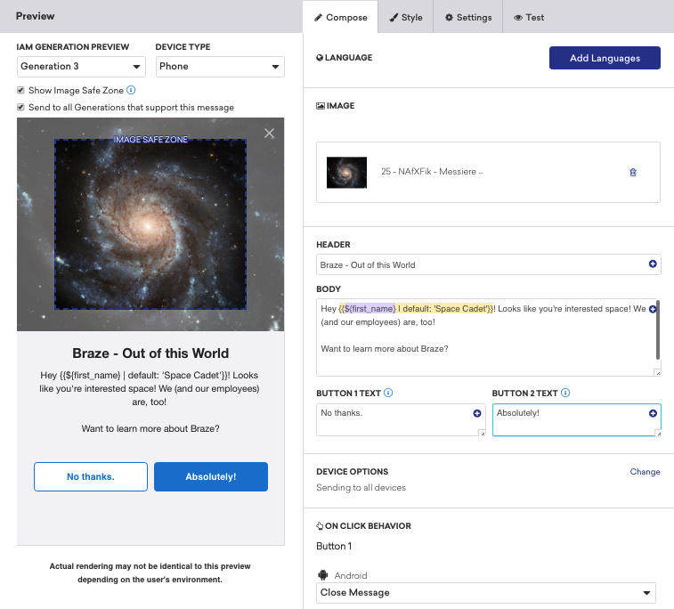 アプリ内メッセージを作成するときに、メッセージがどのように表示されるかのプレビューを表示する [作成] タブ。ユーザーは選択されていないため、本文セクションに追加されたLiquidがそのまま表示されます。