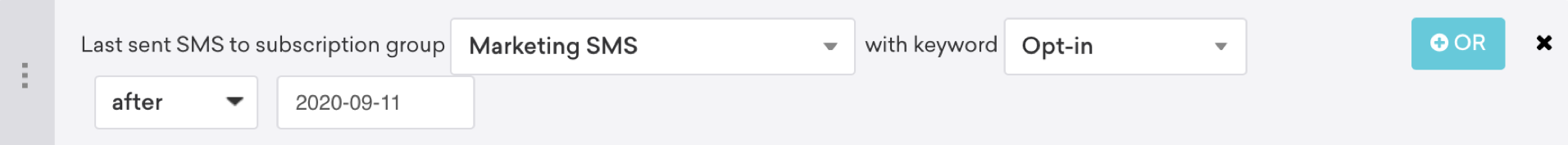 セグメンテーションフィルタ最後にSMS をサブスクリプショングループ&quot に送信しました;Marketing SMS"キーワード"Opt-in"2020年8 月11 日以降