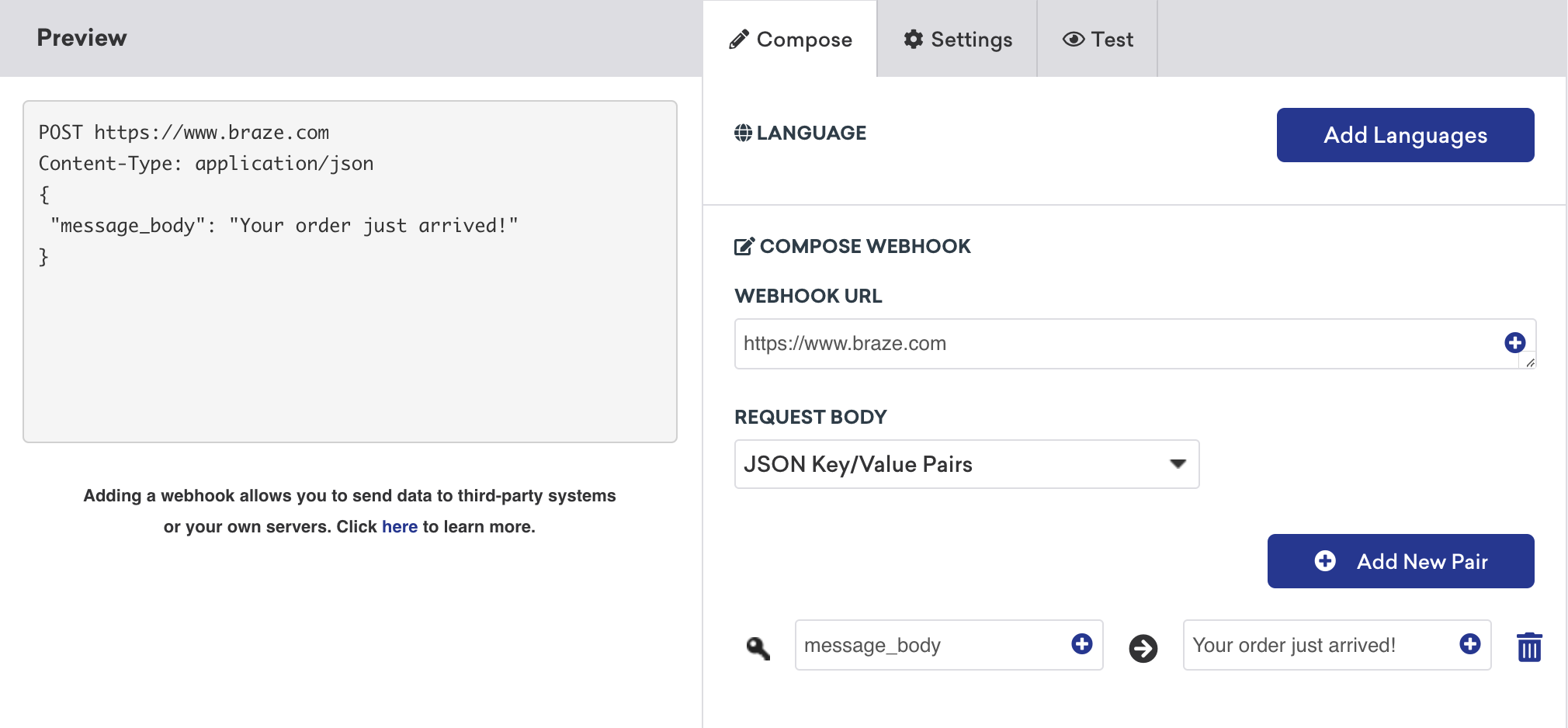 リクエスト本文を JSON キーと値のペアに設定