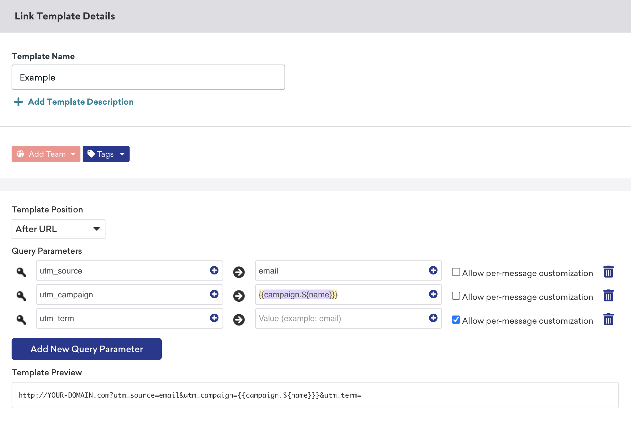 Template Position, Query Parameters, and Template Preview fields for the link template insertion process after a URL.