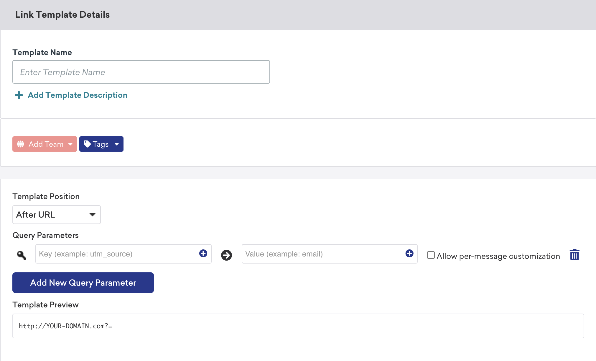 Template Position, Prepend URL, and Template Preview fields for the link template insertion process before a URL.