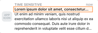 Example push notification with a Time Sensitive denotation and a title character count of 39.