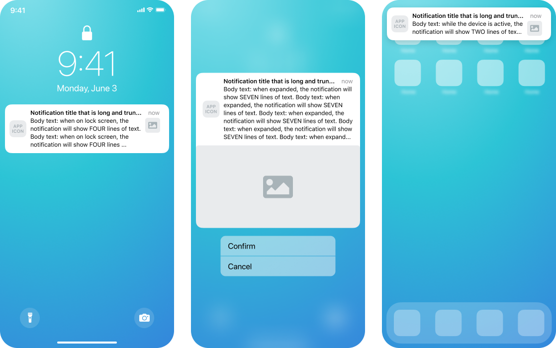 Example push notifications for push displayed on the lock screen, when expanded, and when device is active.