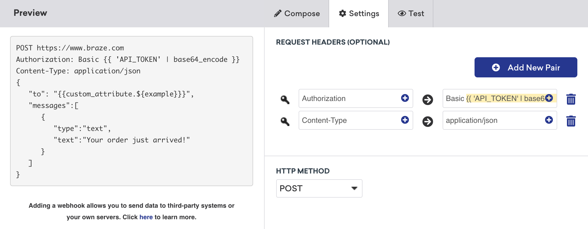 コンポーザーの [設定] タブでリクエストヘッダと HTTP メソッドを指定